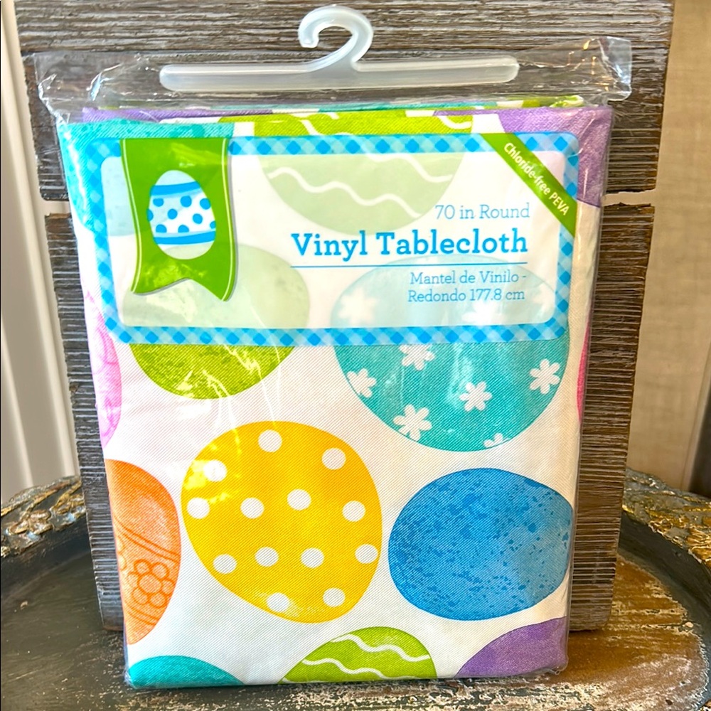 NWT Colorful Easter Egg Vinyl Tablecloth 70” Round